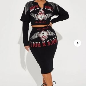 Black Rock & Roll Graphic Crop Top And Skirt Set